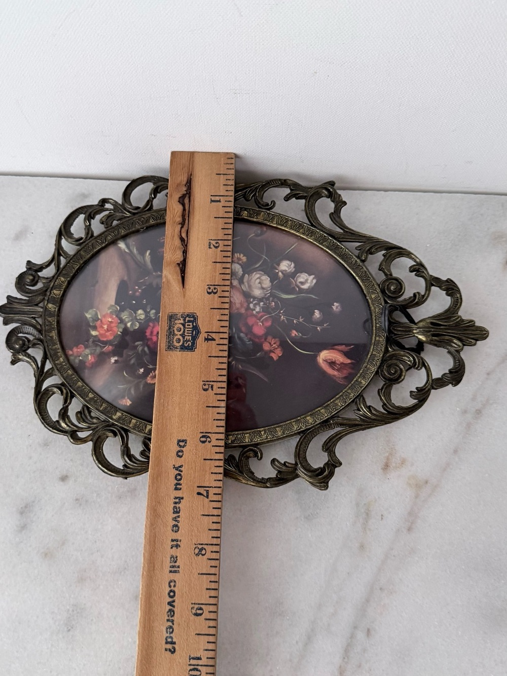 Ornate gold Vintage Oval Floral Wall Art - Brass Frame Italian - Picture 6 of 7